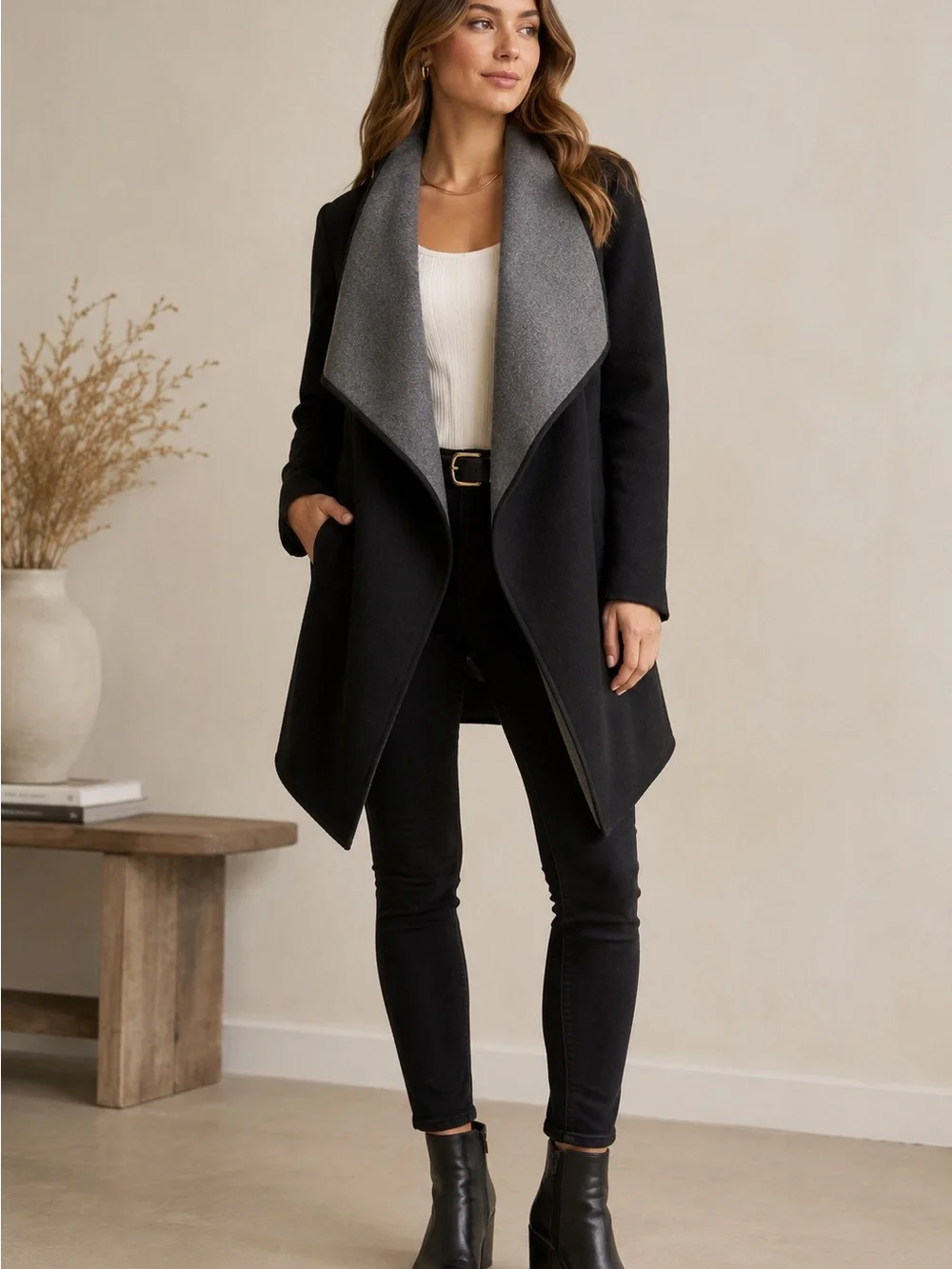 Michael Kors Wool Blend Waterfall Coatigan XS Black Gray Draped Shawl Collar
